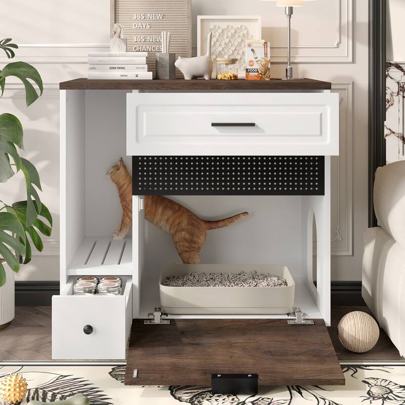 Indoor Hidden Cat Litter Box Enclosure Furniture with 2 Drawers & Door - Cat House End Table, White and Brown