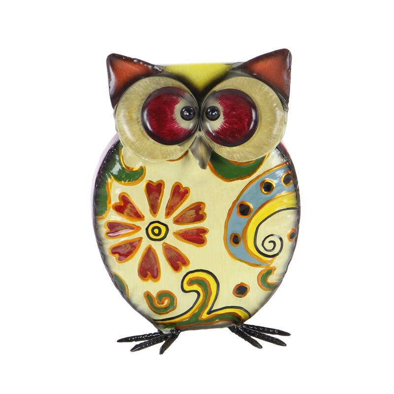Yellow Metal Indoor Outdoor Owl Decorative Garden Sculpture with Floral Pattern