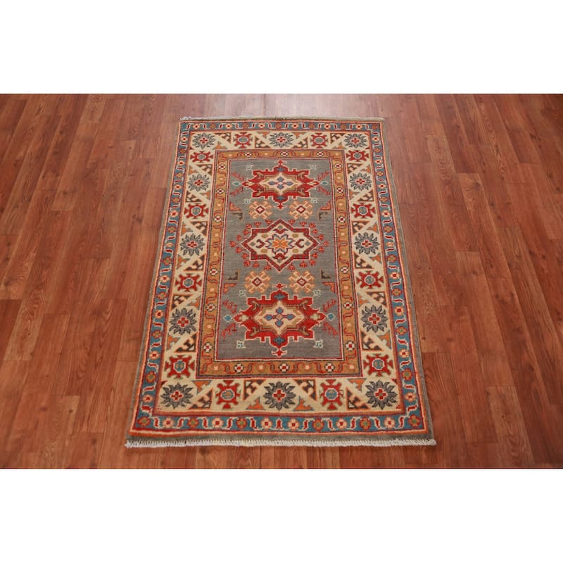 Geometric Grey Kazak Foyer Rug Hand-Knotted Oriental Wool Carpet - 2'8"x 4'0"