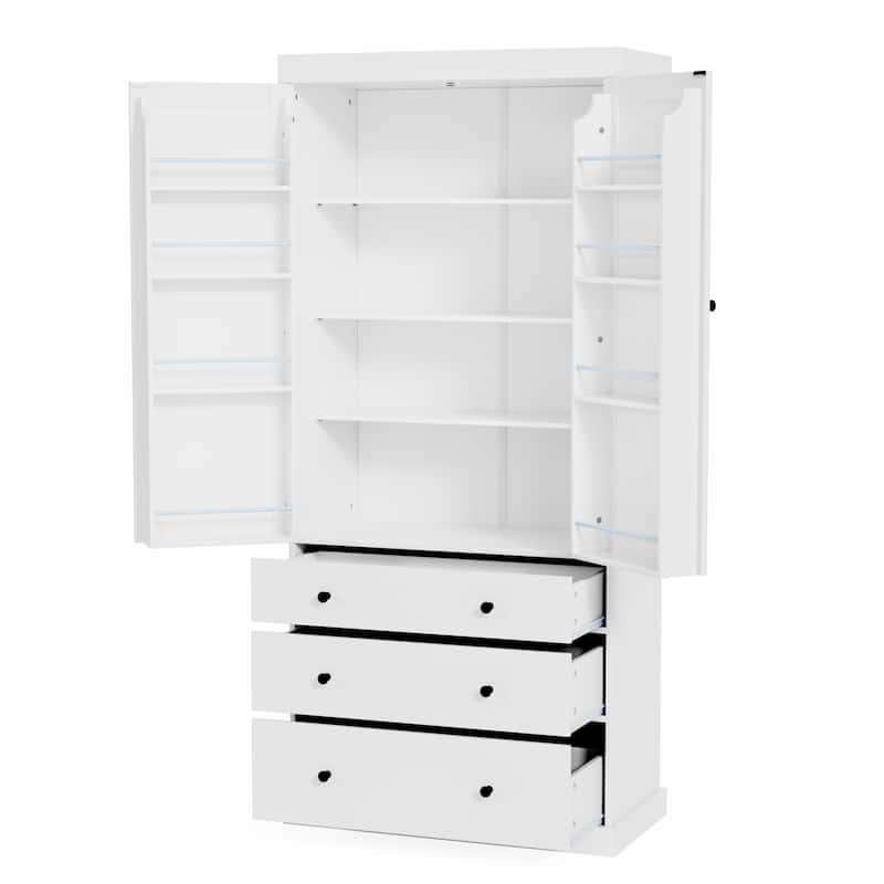 77" Farmhouse Kitchen Pantry, Freestanding Tall Cupboard Storage Cabinet with 3 Adjustable Shelves, 8 Door Shelves, 3 Drawers