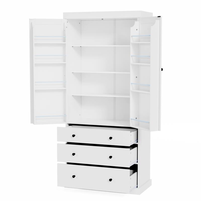Tall Farmhouse Pantry with 3 Drawers, Adjustable Shelves & Door Storage for Organized Kitchen Space
