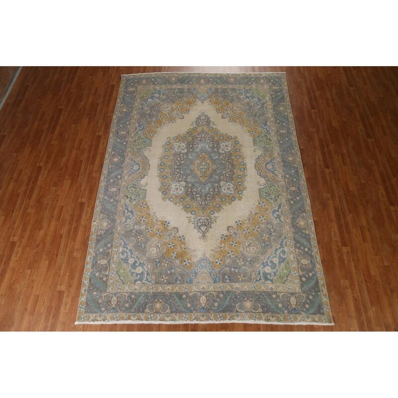 Hand Knotted Oriental 100% Wool Carpet Traditional Medallion Beige & Ivories Tabriz Area Rug - 11' 6'' X 8' 0''