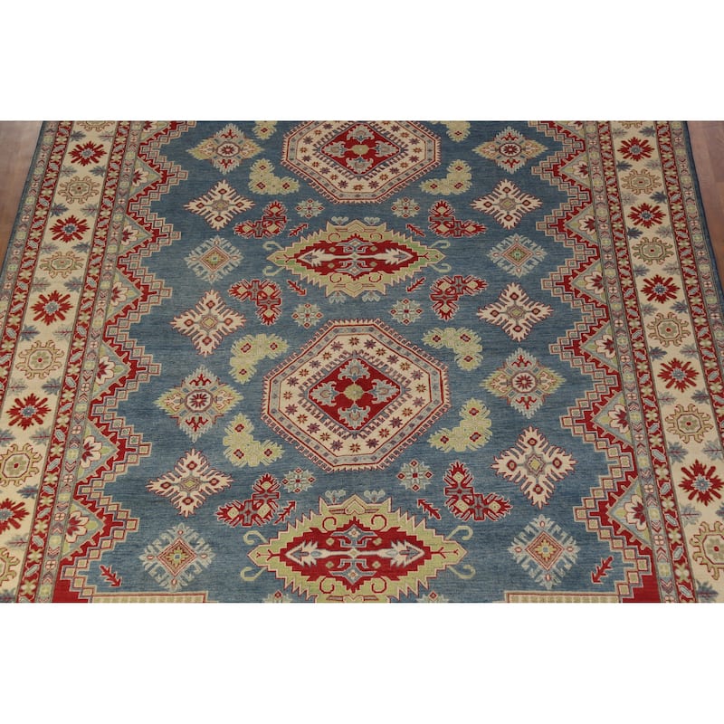 Hand Knotted Oriental 100% Wool Carpet Traditional Geometric Navy Blue & Blues Kazak Area Rug - 13' 7'' X 9' 10''