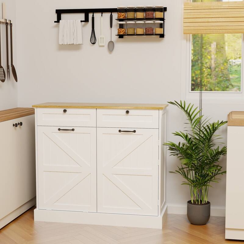White Kitchen Trash Can Storage Cabinet with Drawers and Shelves