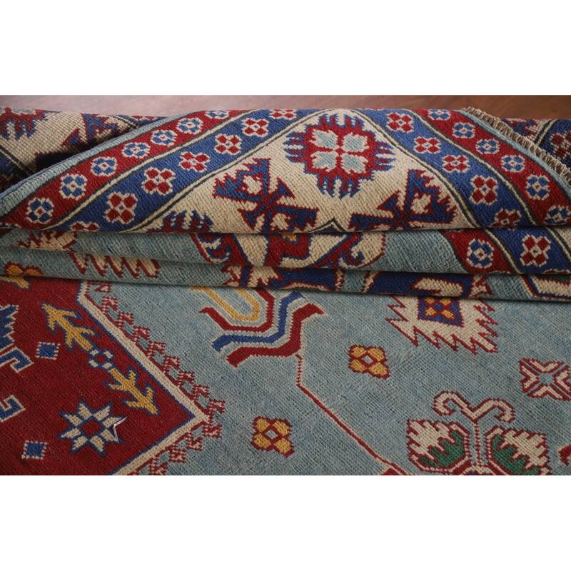 Hand Knotted Oriental 100% Wool Carpet Traditional Geometric Navy Blue & Blues Kazak Area Rug - 9' 8'' X 6' 8''