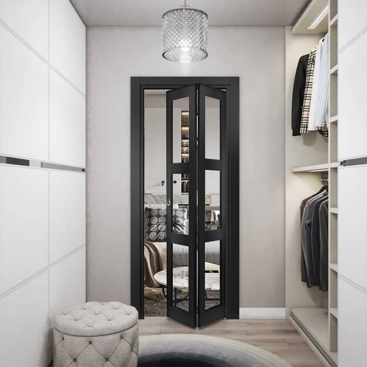 SartoDoors Lucia 2555 | Closet Door Bi-fold Door | Solid Wood w/ Glass | Hardware Set | 18x80, Matte Black Bedroom Door