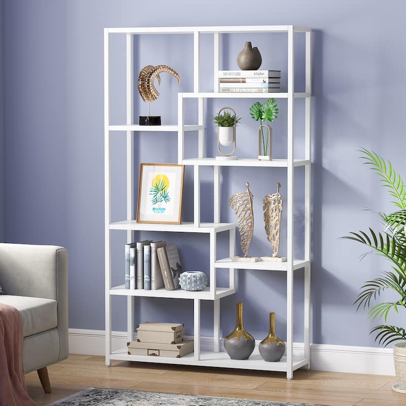 Etagere Bookcase 8 Tier Bookshelf with Gold Metal Frame and White Faux Marble Board for Home office, Living Room