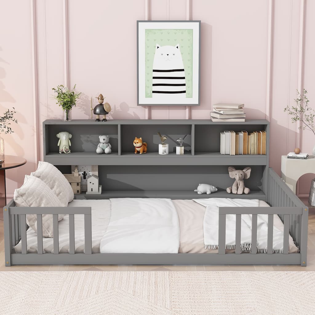 Grey Full Size Pine Wood Floor Bed with Bedside Bookcase, Shelves and Guardrails for Bedroom
