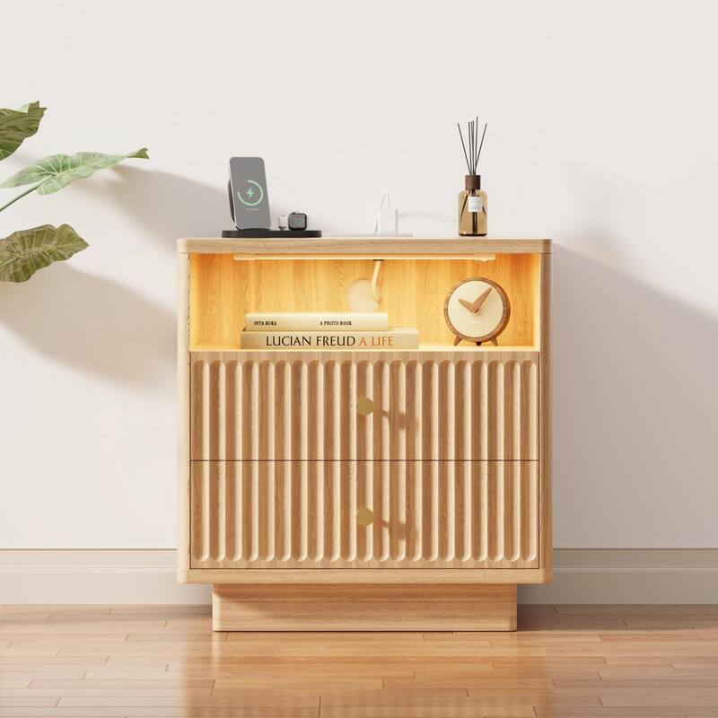 22''.72 W LED Sensor Nightstand w/Storage and Built-in Charging Station