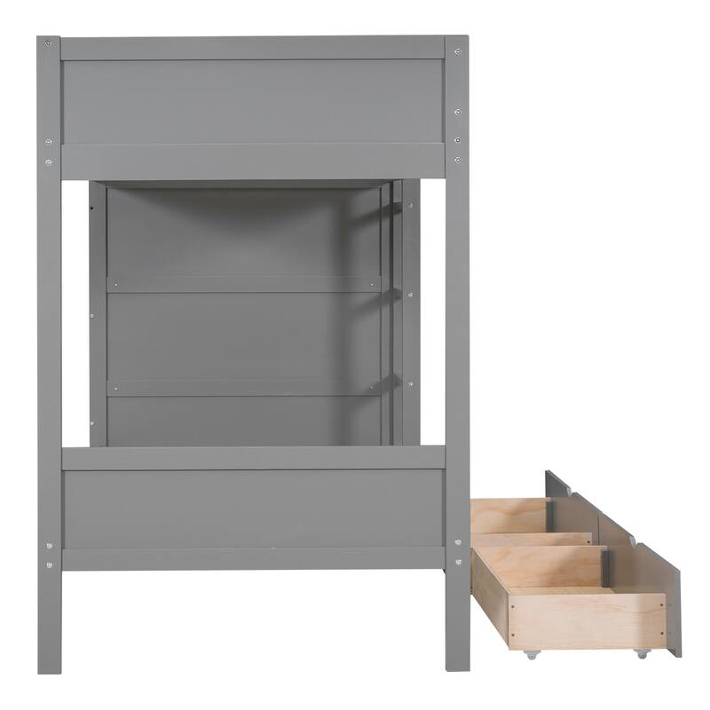 Space-Saving Twin Over Twin Bunk Bed with Drawers and Cabinet, Gray