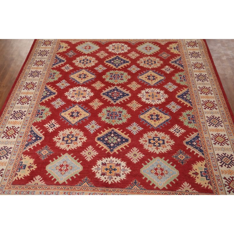 Red Geometric Kazak Area Rug Handmade Wool Carpet - 8'1" x 9'7"