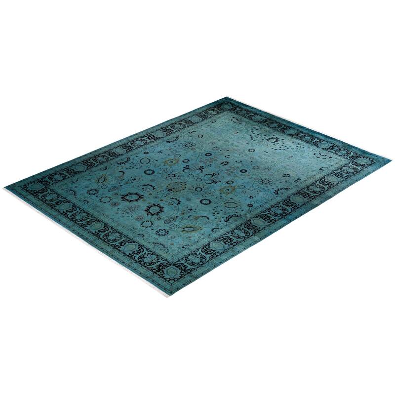 Overton Hand Knotted Wool Vintage Inspired Modern Contemporary Overdyed Blue Area Rug - 9' 0" x 12' 0"