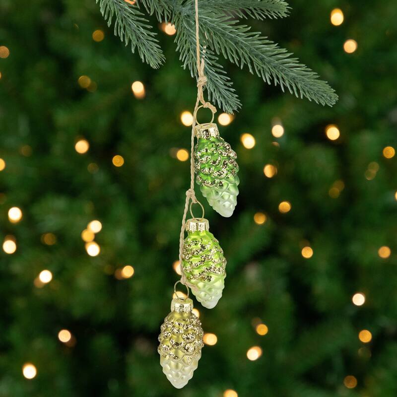 7" Green and White Dangling Pinecone Christmas Glass Ornament