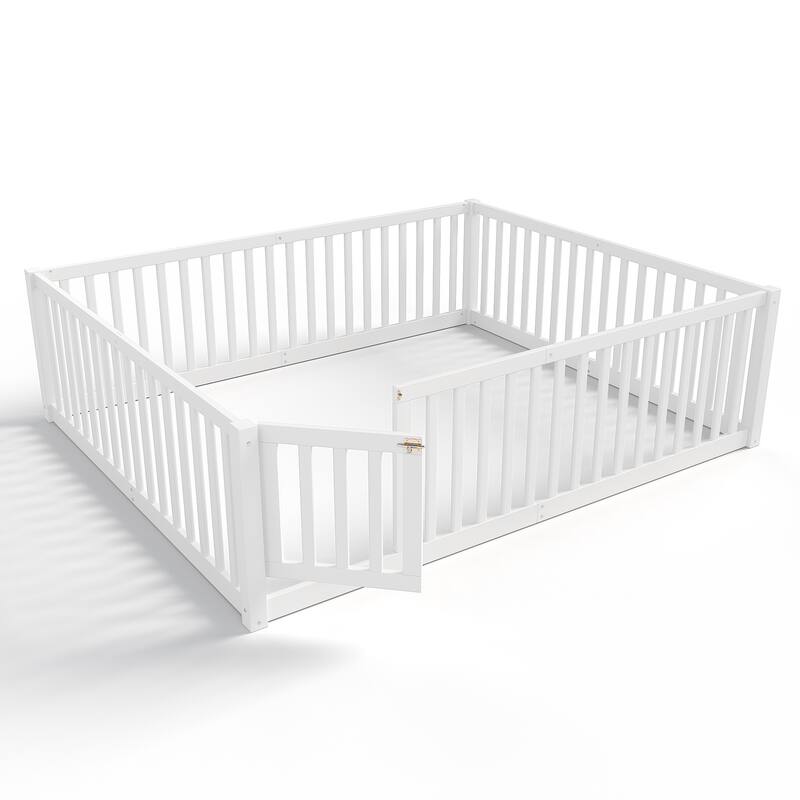 Montessori Floor Bed with Safety Guardrails & Door, Kids Low Profile Frame, Available in Queen/Full/Twin