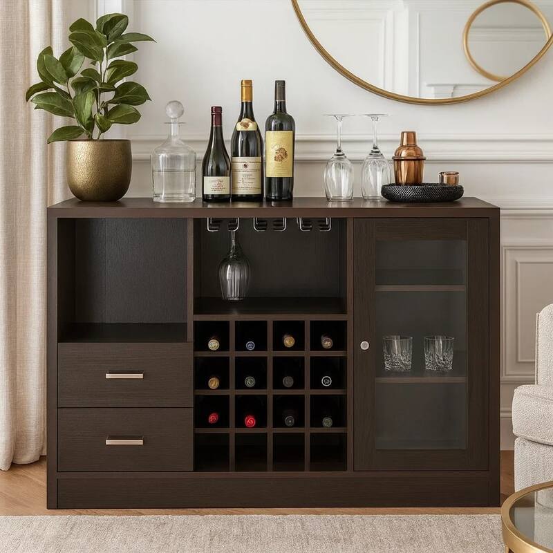 Wooden Server with One Side Door Storage Cabinets and Two Drawers, Espresso Brown