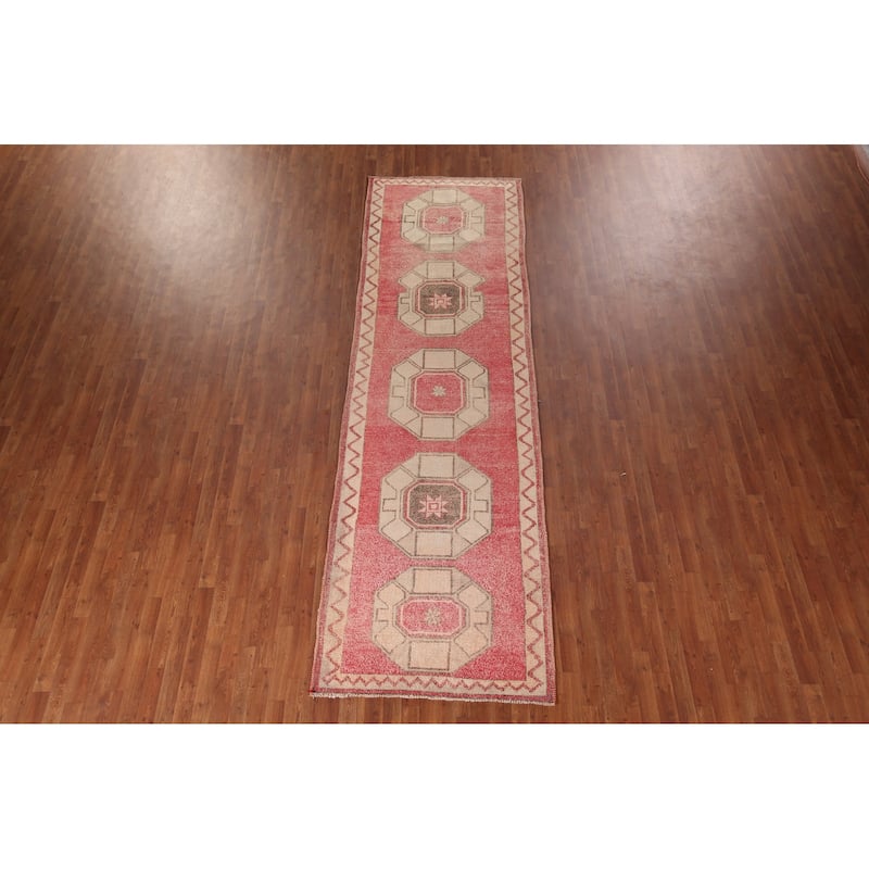 Pink & Red Geometric Anatolian Turkish Runner Rug Handmade Wool Carpet - 3'9"x 12'6"
