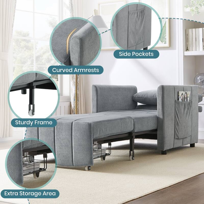 31.5" Pull Out Convertible Sleeper Sofa with 5-Position Adjustable Backrest, Side Pockets, Storage Basket, Grey Chenille