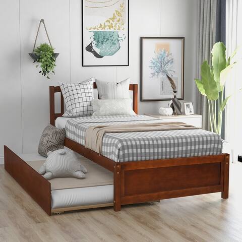 Contemporary and Timeless Solid Construction Twin size Plywood+MDF+Pinewood Platform Bed Wood Bed Frame with Trundle