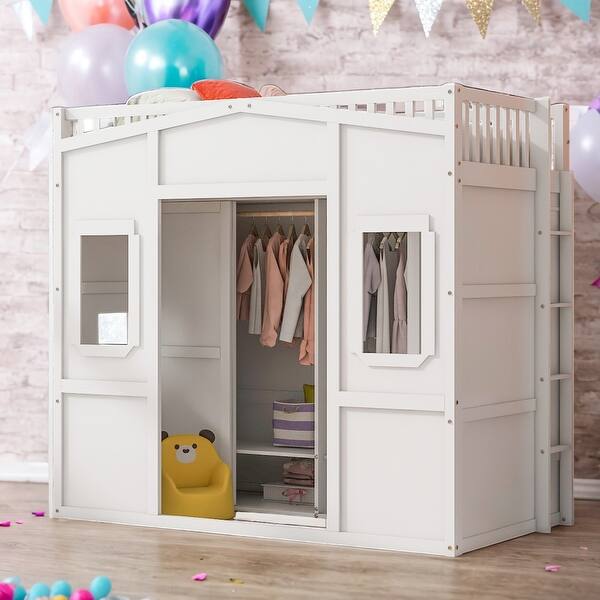 slide 2 of 26, Twin Size House Loft Bed With Ladder and Wardrobe White
