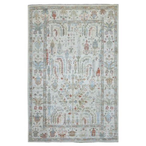 Shahbanu Rugs Ivory, Hand Knotted, Afghan Ushak with Cypress and Willow Tree Design, Supple Wool Oriental Rug (6'0"x9'0")