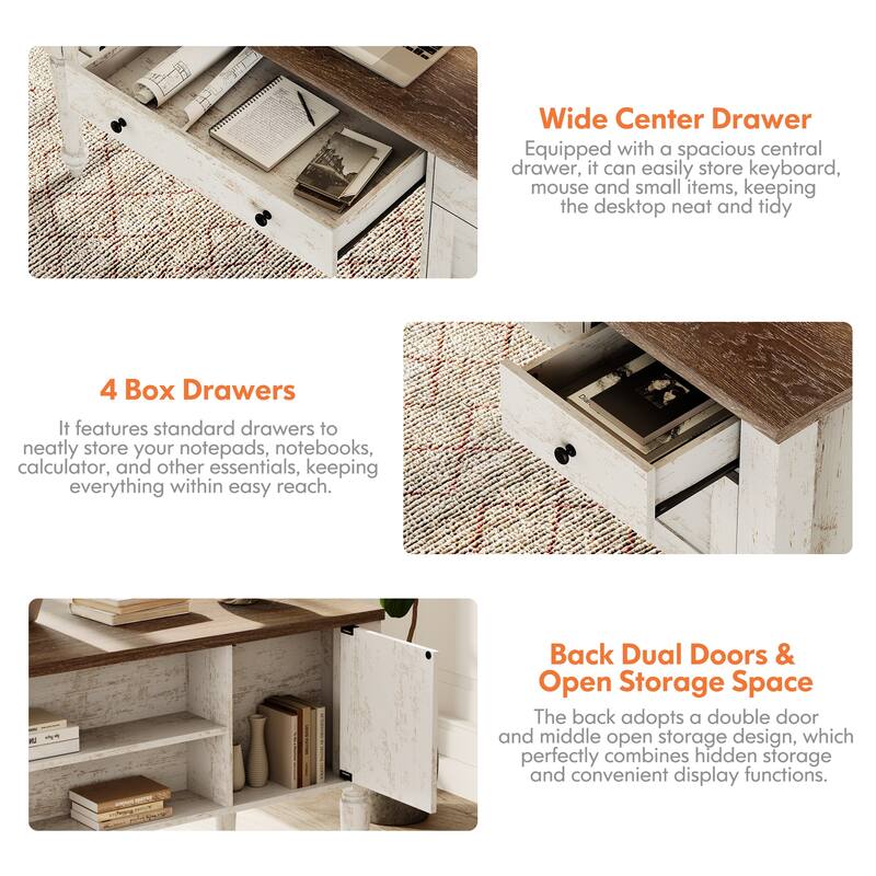 56'' Farmhouse Executive Desk with Drawers White/Oak - 5 Drawers and 2 Doors