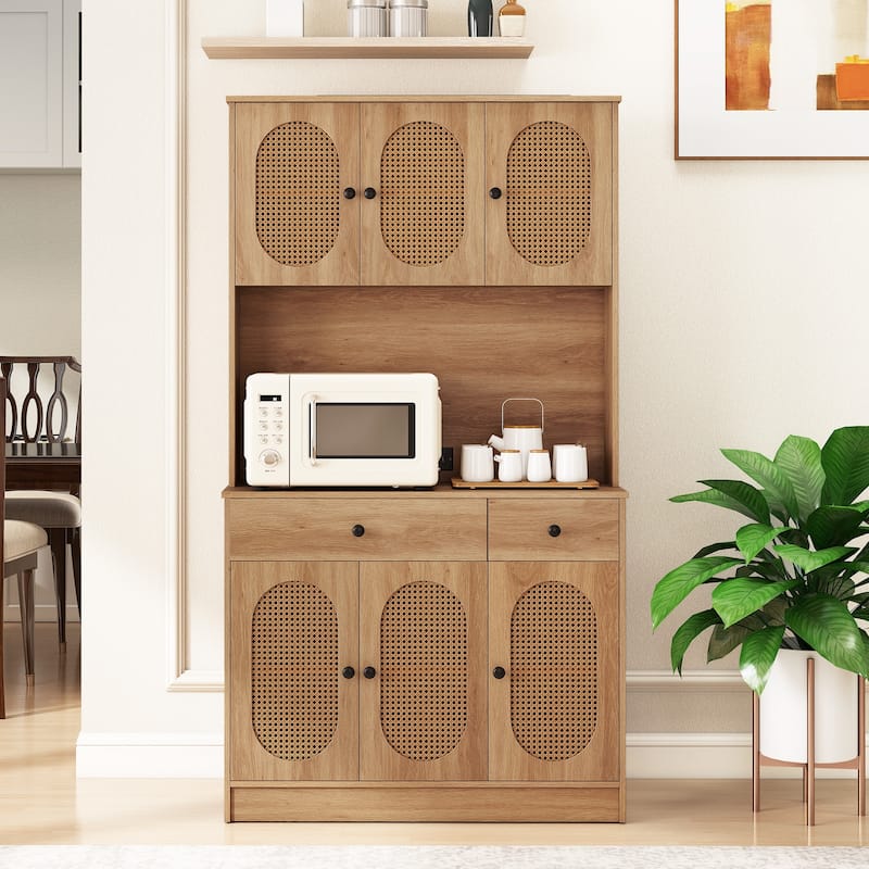 Natural Rattan Kitchen Pantry Cabinet with Hutch 71 Inch Buffet Storage Cabinet with Drawers Shelves - 39.5" × 16" × 71" - Natural