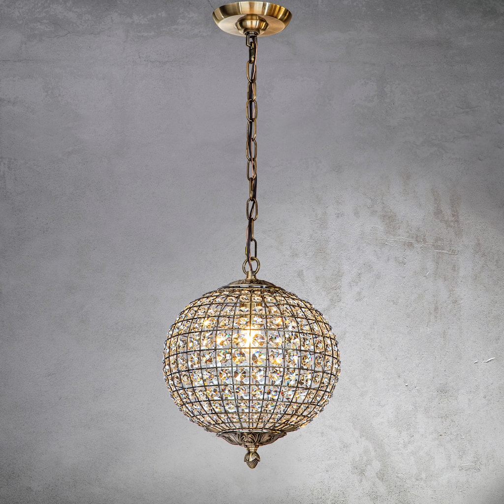 CraftHome 1-Light 12" Vintage Antique Gold Globe Small Sphere Pendant Light with Crystal Accents - W:11.8"