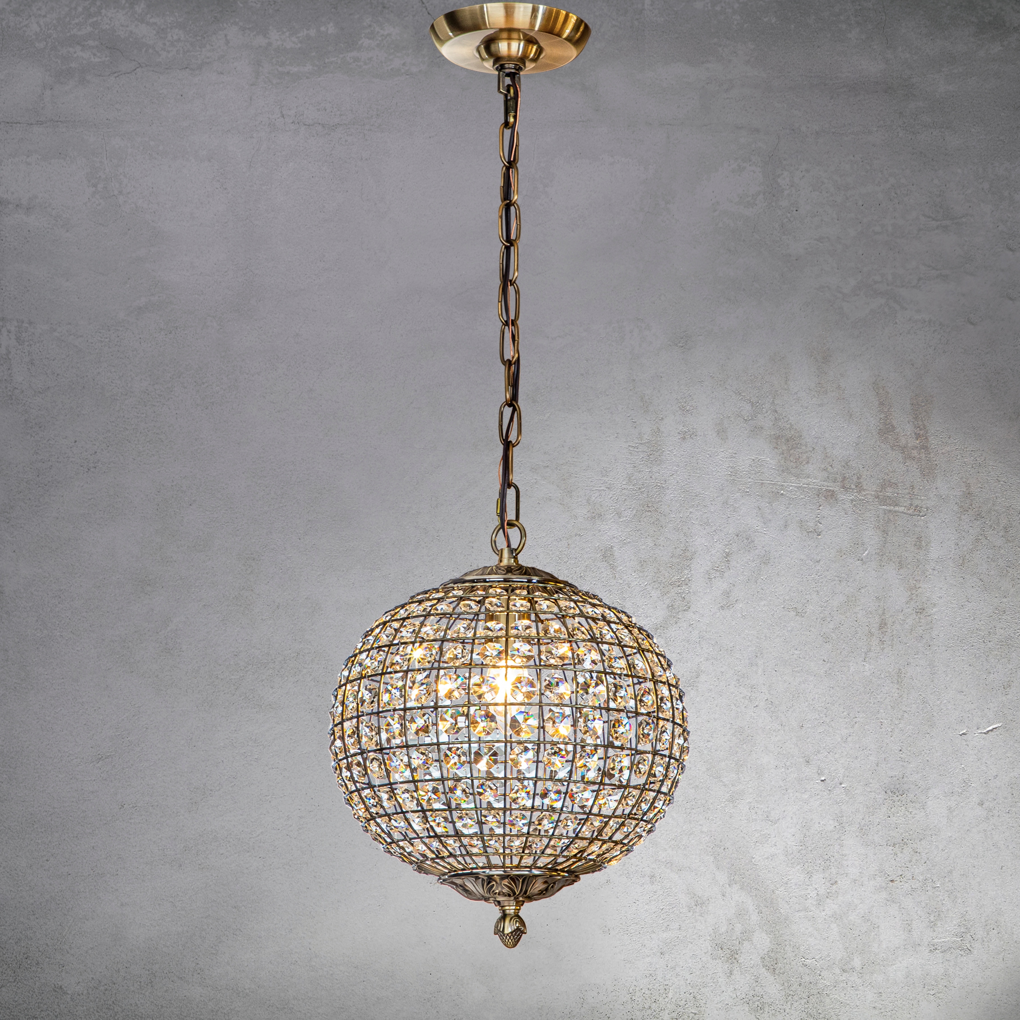 CraftHome 1-Light 12" Vintage Antique Gold Globe Small Sphere Pendant Light with Crystal Accents - W:11.8"