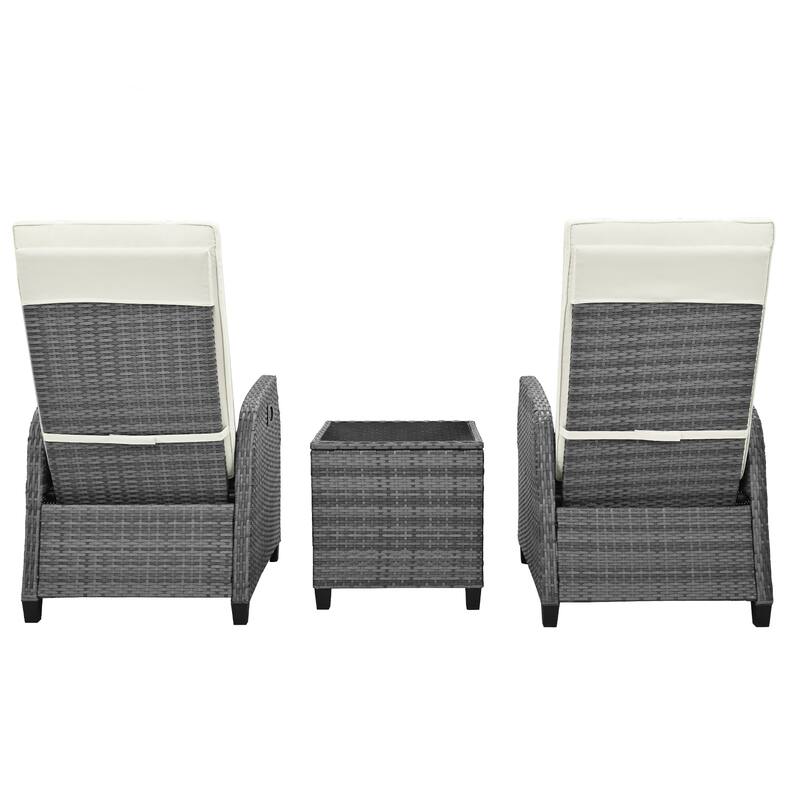 3-Piece Outdoor Patio Wicker Recliner Chair Set with Tempered Glass Table