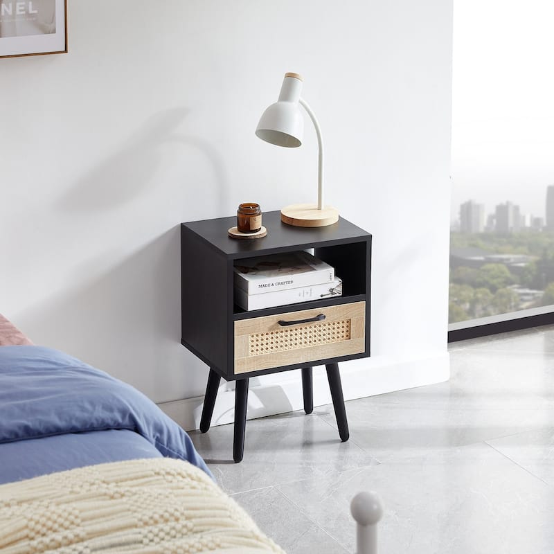 15.75" Boho Chic Rattan Storage End Table with Solid Wood Legs - Black