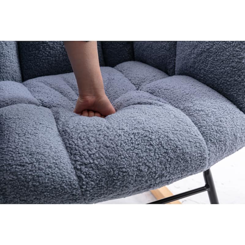 Nursery Chair Light Blue Teddy Cushioned Rocking Chair Fabric Rocking Glider Armrest Rocking Chair with Rocking Legs