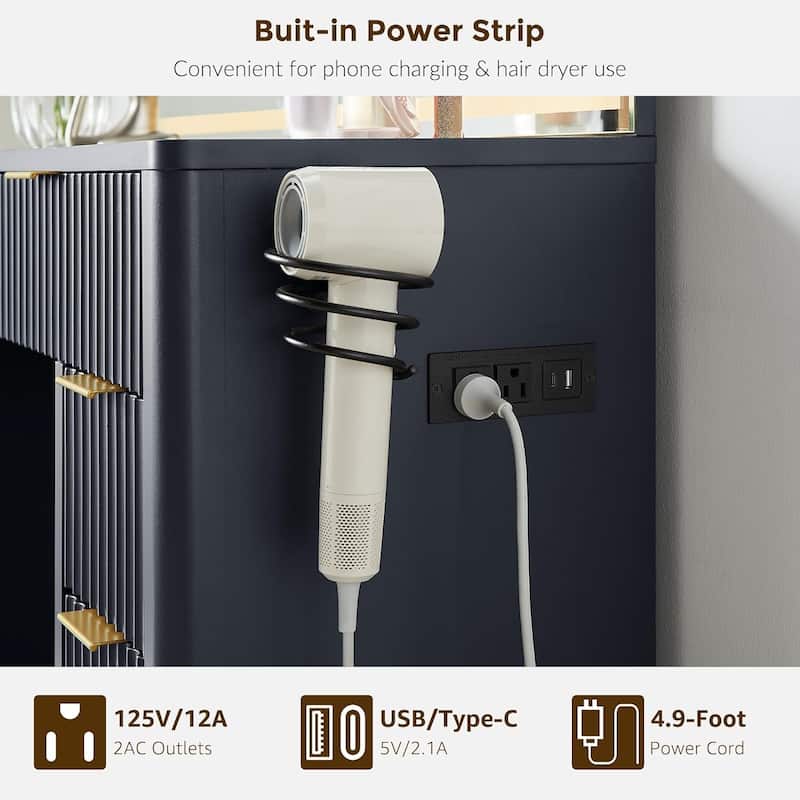 Modern Fluted Makeup Vanity Desk with Mirror, Lights, Charging Station