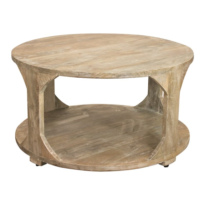 HomeRoots 34" Natural Solid Wood Round Distressed Floor Shelf Coffee Table With Shelf - 34' X '18' X '34