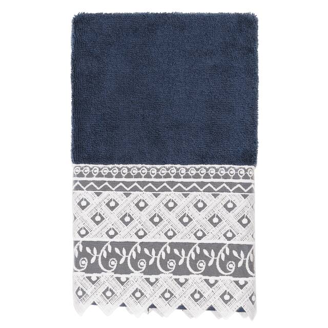 Authentic Hotel and Spa 100% Turkish Cotton Aiden White Lace Embellished Hand Towel - Navy