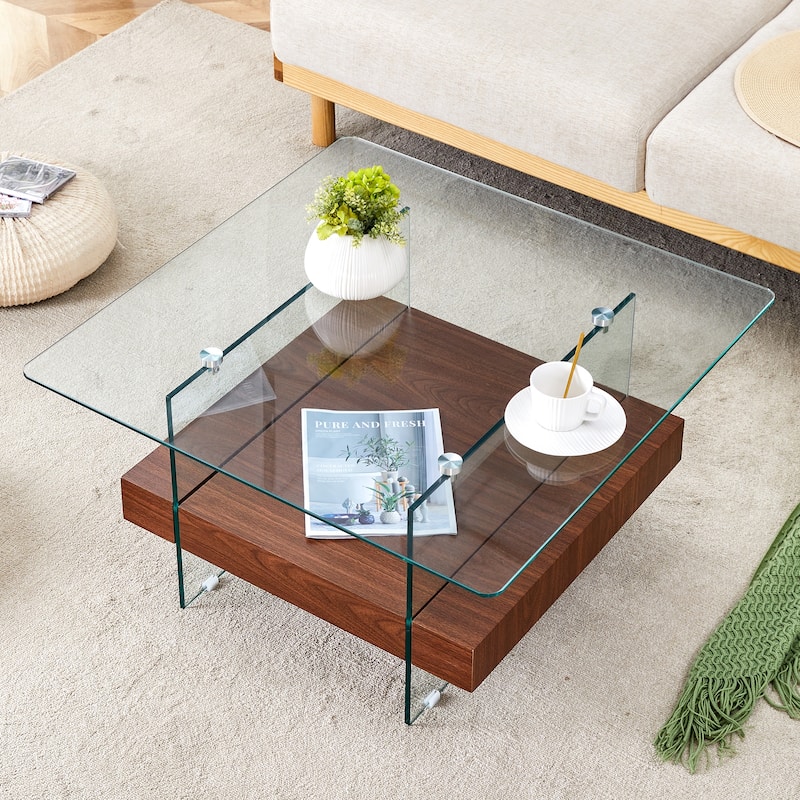 Roomfitters Square Glass Coffee Table with Walnut Finish, Two-Tier Modern Accent Table for Compact Spaces - Walnut