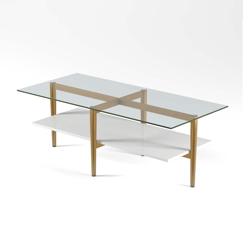 47" Gold Glass Coffee Table with Steel Base and Storage Shelf for Living Room - 47” x 22” x 17”