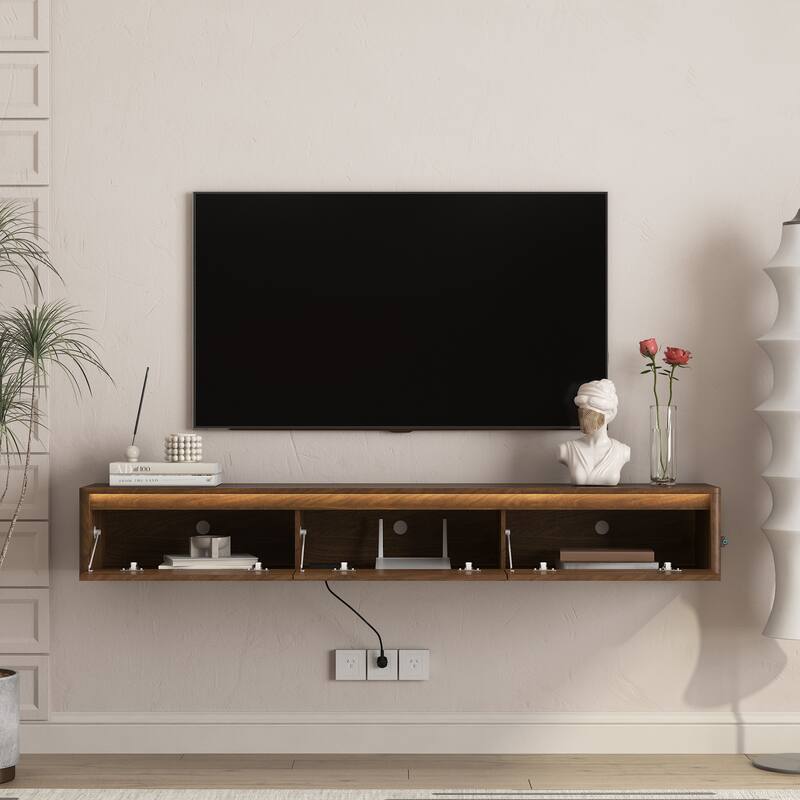 Floating TV Stand with Power Outlets & LED Lights, Mid-Century Modern High Gloss TV Cabinet Media Console Shelf