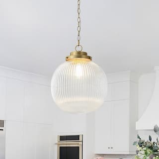 15'' W 1-Light Brushed Brass Ribbed Glass Single Pendant - Brushed Brass
