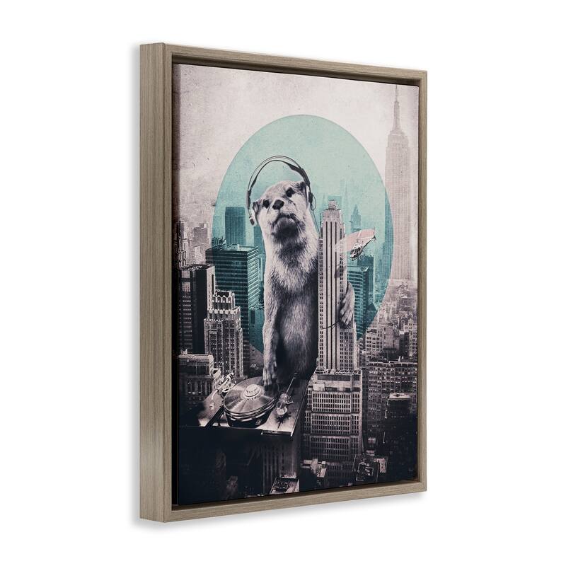 Stupell DJ Otter over Cityscape Framed Floater Canvas Wall Art Design By Ali Gulec