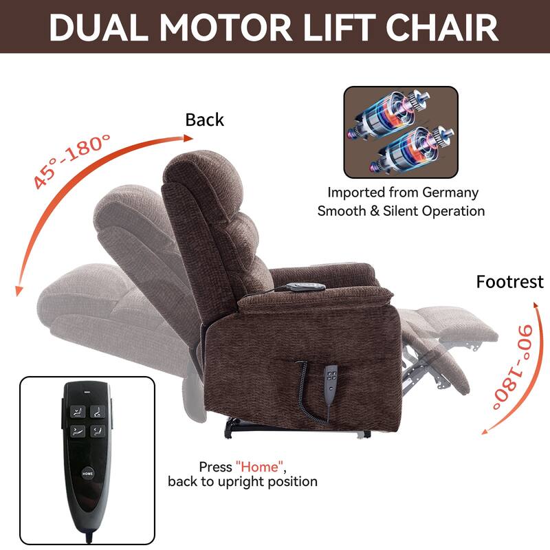 Dual Motor Power Lift Recliner Upholstery Armchair Heat Massage Sofa with Timer Control and Side Pockets, Power Remote