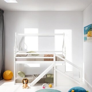 Twin over Twin Loft or Bunk Bed with Slide, House-shaped with Storage Staircase, Pine Wooden Bed with Guardrails, White