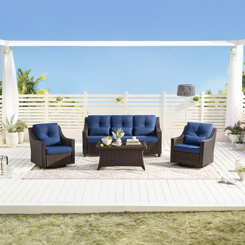 Murphy 4-Piece Outdoor Wicker Patio Furniture Conversation Sofa Sets - Chestnut Wicker-Blue