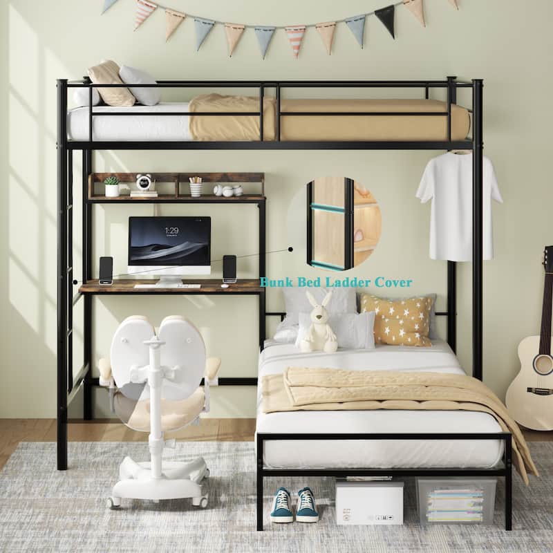 Bunk Bed Twin Over Twin Size with Desk and Charging Station,L-Shaped Bunk Bed with Shelves and Bookcase,Guardrail and Ladder