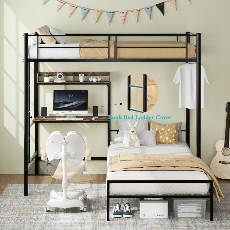 Roomfitters Twin Over Twin Bunk Bed with L-Shaped Desk, Charging Station, Storage Shelves & Safety Guardrails, Black