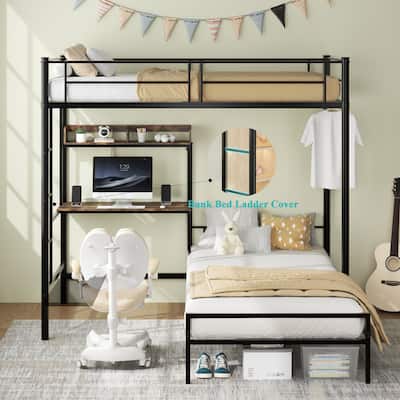 Twin over Twin L-Shaped Bunk Bed with Desk, Charging Station, Storage Shelves & Safety Guardrail