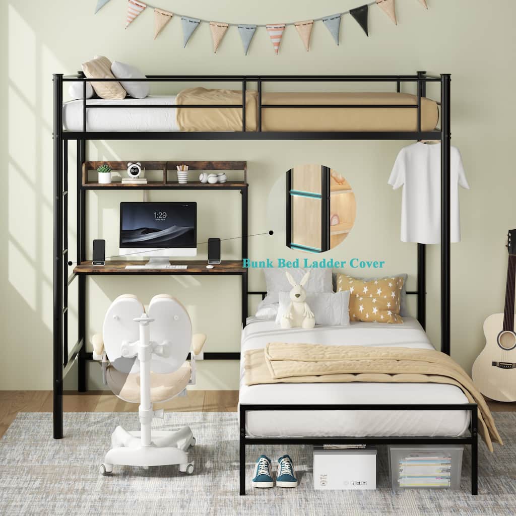 Twin over Twin L-Shaped Bunk Bed with Desk, Charging Station, Storage Shelves & Safety Guardrail