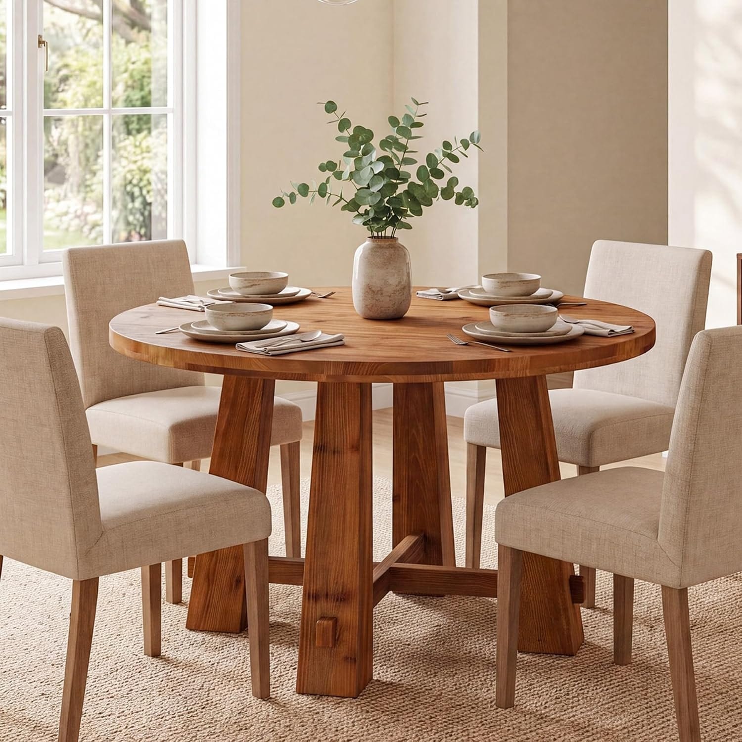 39.4" Solid Wood Dining Table, Small Round Farmhouse Kitchen Table Circle Dining Room Table for 2-4