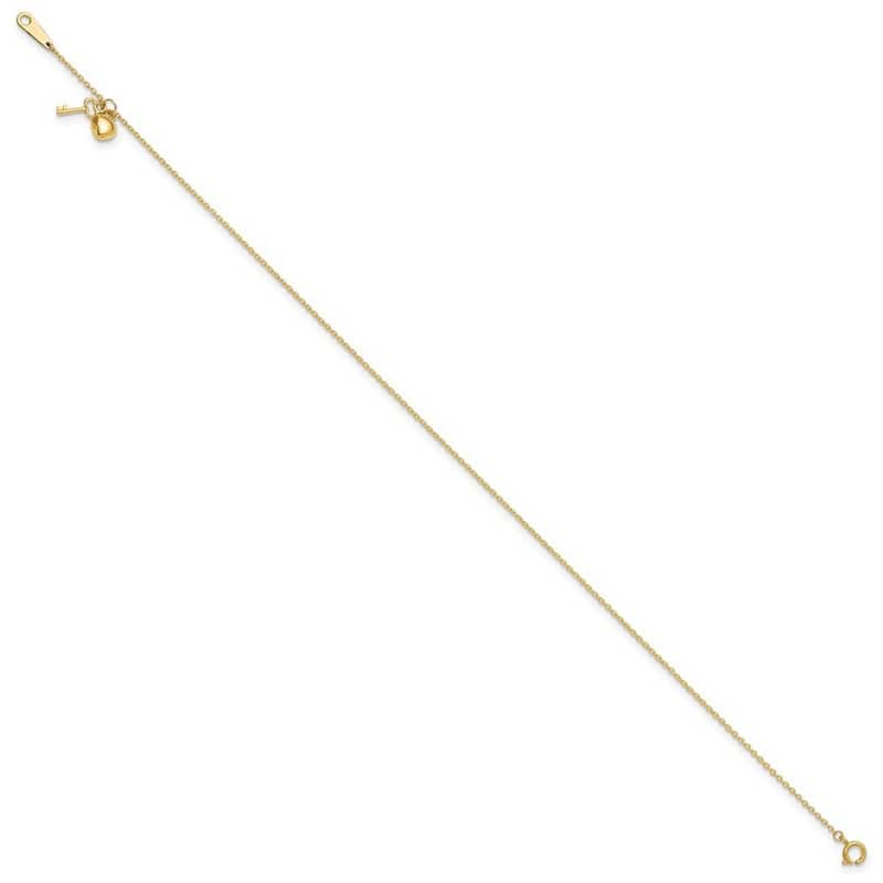 Curata Women's 14k Yellow Gold Gold Heart and Key Anklet - 10 Inch
