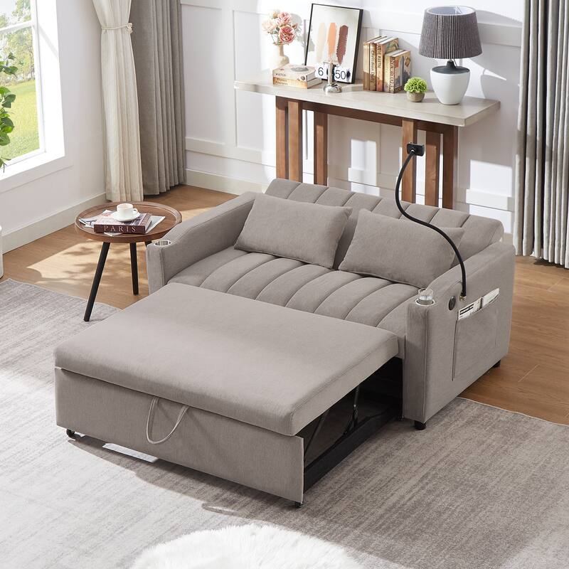 55.9" Convertible Sofa Bed Loveseat Sofa with Three USB Ports, Two Side Pockets, Two Cup Holders and 360°Swivel Phone Holder