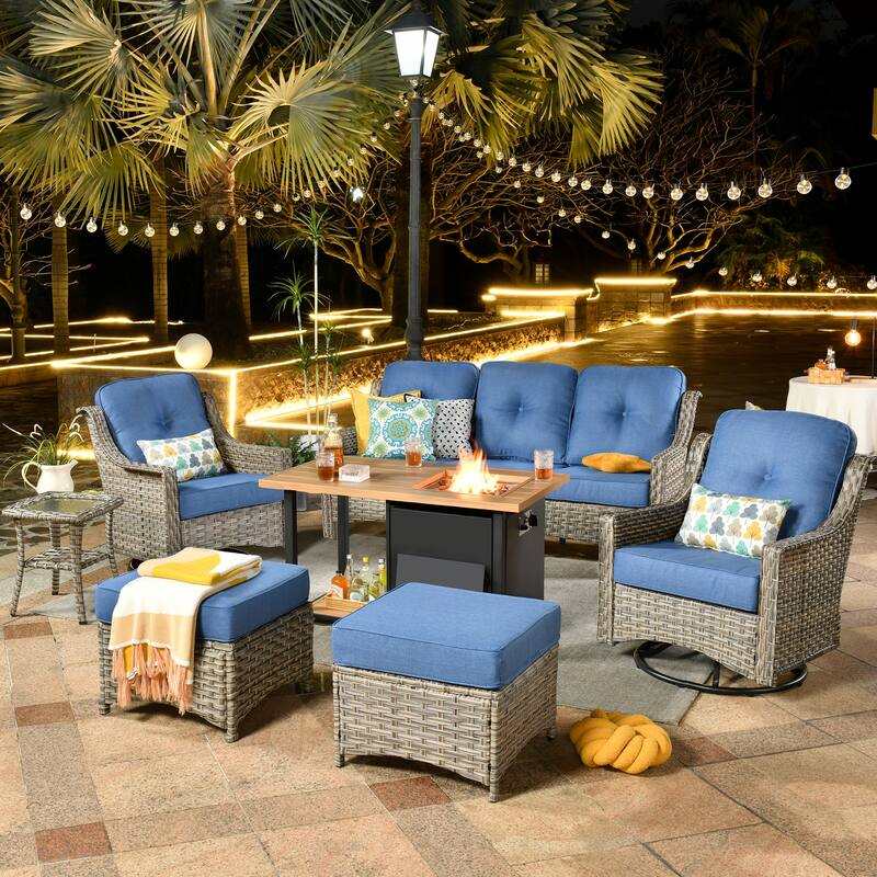 HOOOWOOO 7-piece Wicker High Back Patio Furniture Swivel Rocker Set with Fire Pit - Diamond Blue